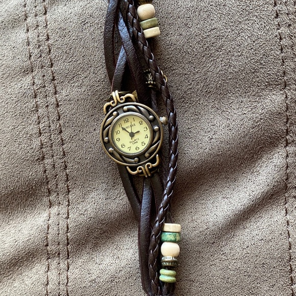 Kano Bak Brown Leather Beaded Bracelet 8" Watch - Picture 3 of 7